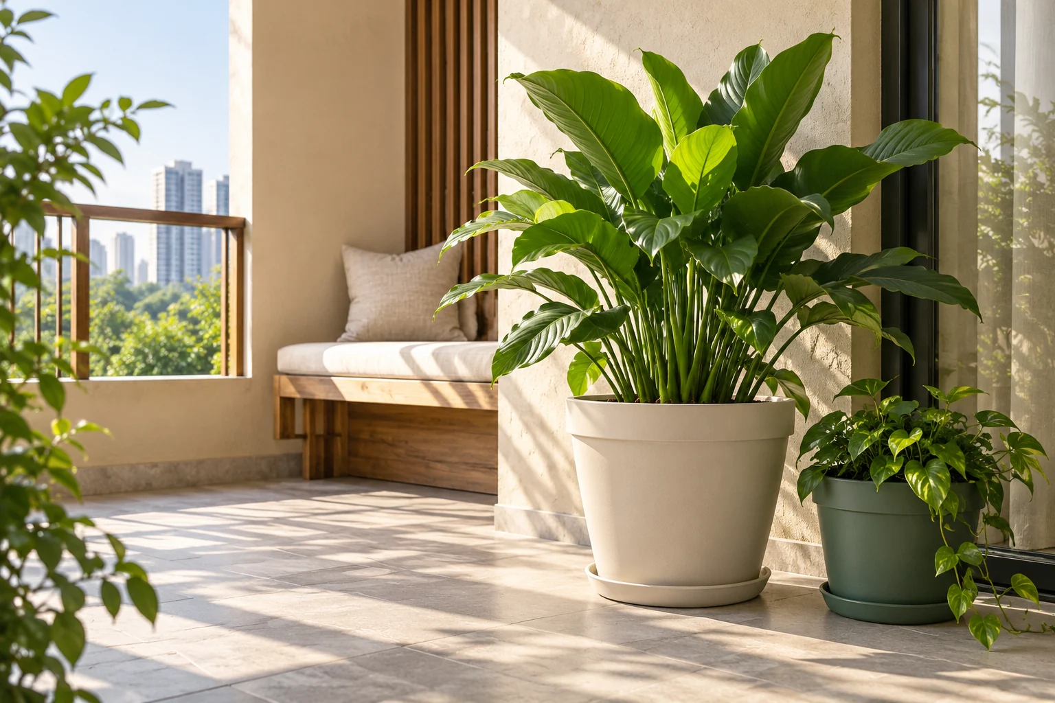 Concept balcony with plants and warm daylight