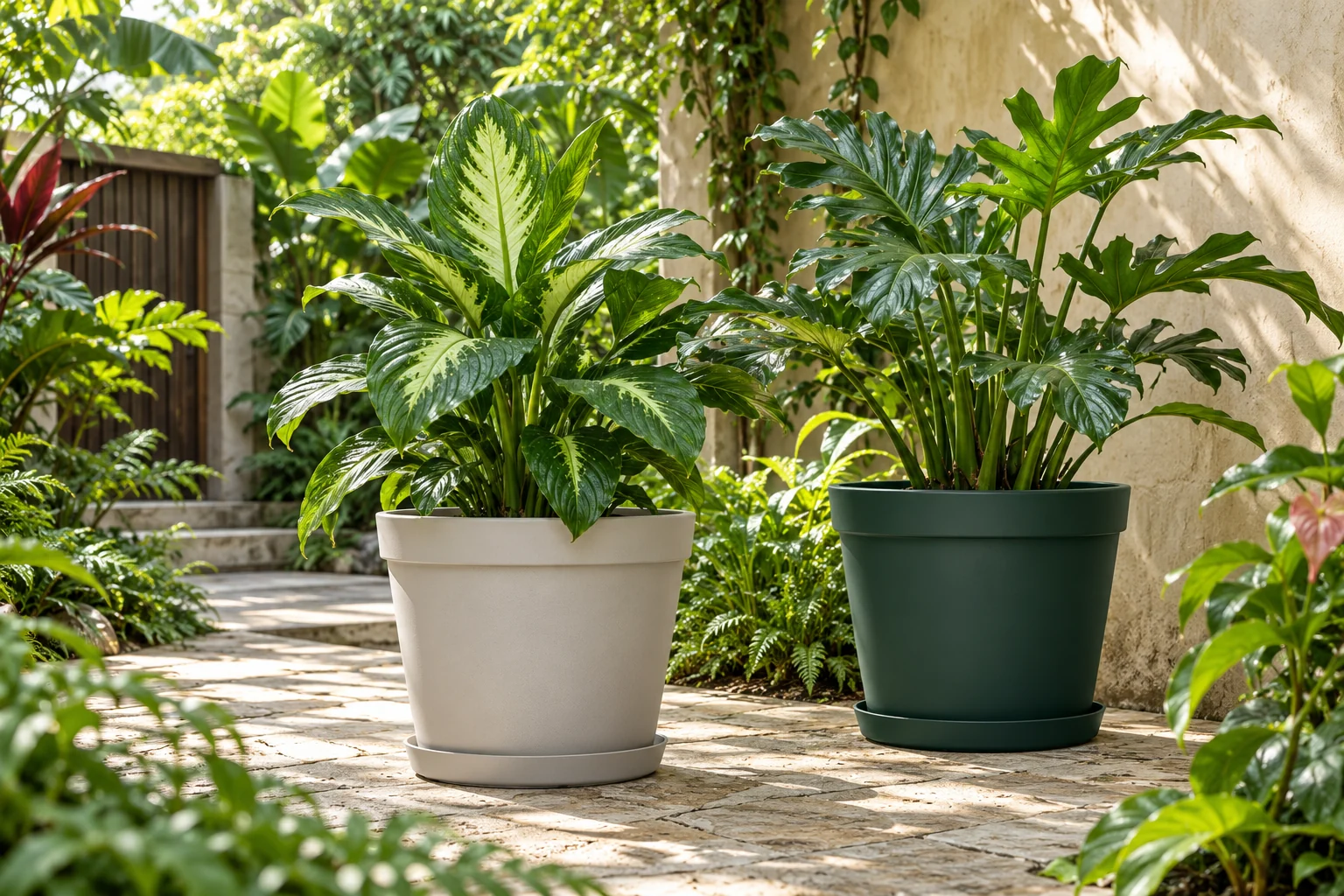 Concept pots in a planted outdoor garden